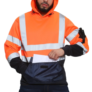 High Vis 3 Flap Pockets Pullover Hoodie - Orange/Navy