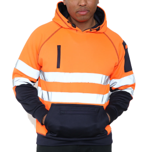 High Vis 3 Pockets 5 thread Pullover Hoodies - Orange/Navy